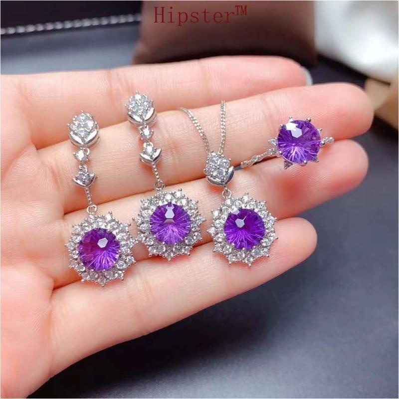 Hot Sale Fashion Amethyst Rings Pendants Stud Earrings Amethyst Necklace Set