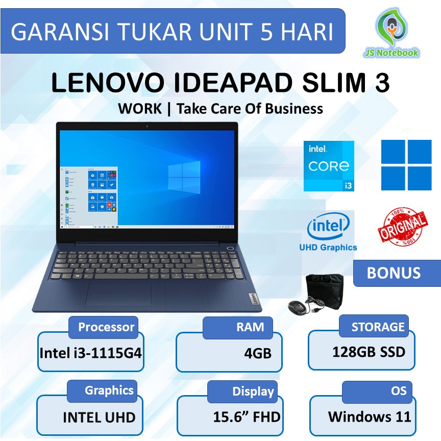 LENOVO IDEAPAD SLIM 3i i3-1115G4 4GB 128GB SSD W11 15.6"FHD TN-ABYSS BLUE