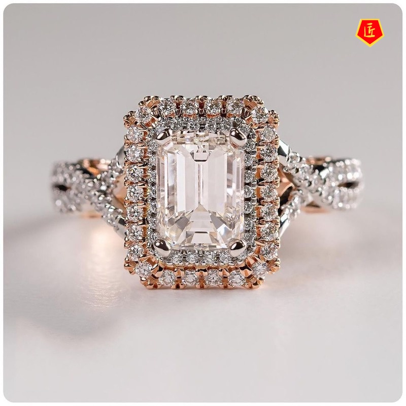 [Ready Stock]14K Rose Gold Two-Tone Square Diamond Ring Fashion Elegant