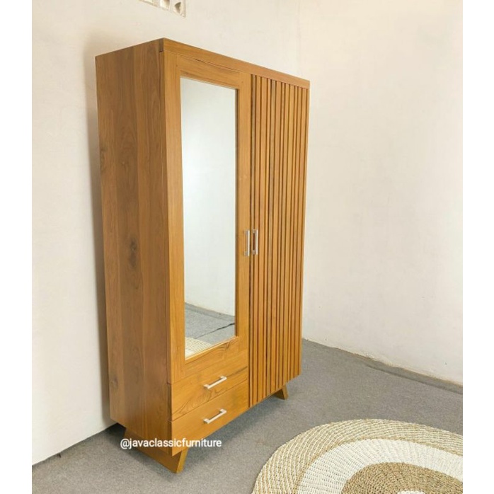 ALMARI PAKAIAN KAYU JATI PINTU 2 LEMARI CUSTOM KACA MINIMALIS KABINET WARDROBE VINTAGE FINISHING NATURAL FURNITURE JEPARA-1