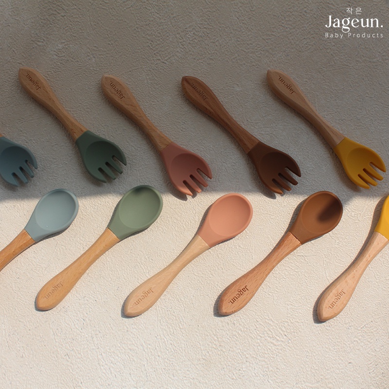 JAGEUN Premium Silicone Wood Spoon n Fork | Sendok Garpu Kayu Bambu Set Alat Makan MPASI Bayi