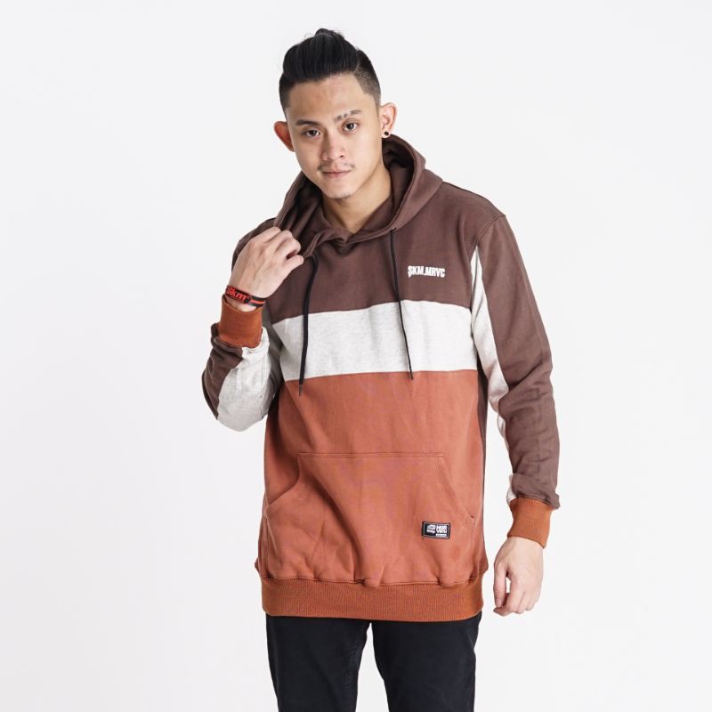 HOODIE PRIA DISTRO JAKET SWEATER KAPUCONG APLIKASI WARNA COKLAT ABU MUDA CORAL