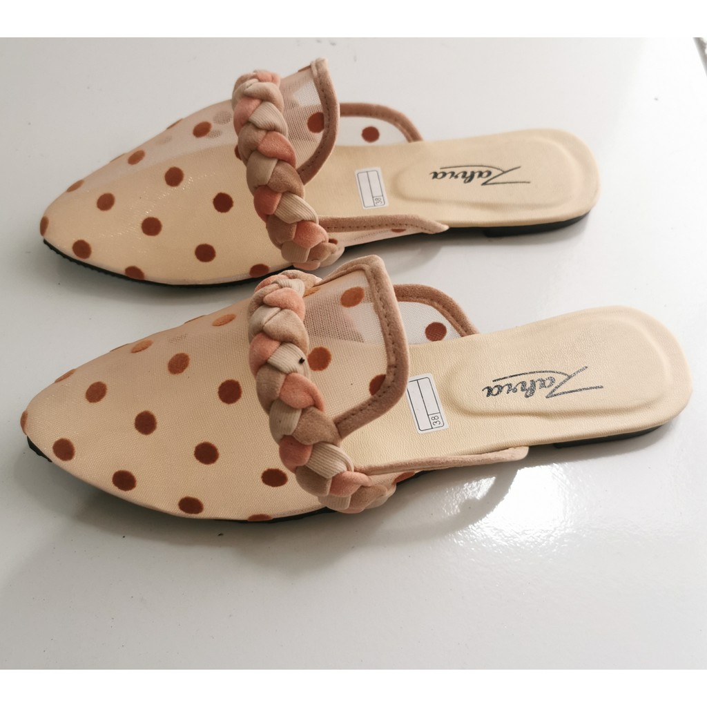 Arlaine- Fiona selop wanita / sandal slop wanita / sandal brukat / sandal slop brukat / sandal kepang / flatshoes polkadot