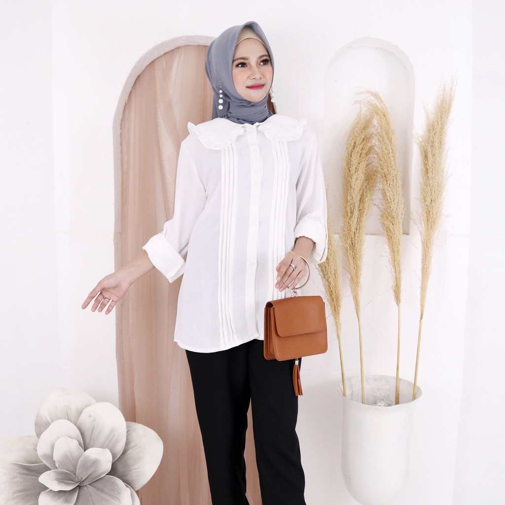 Cahayashop98 Kemeja Blouse Crinkle Kemeja wanita Tangan Skoder Leher Renda