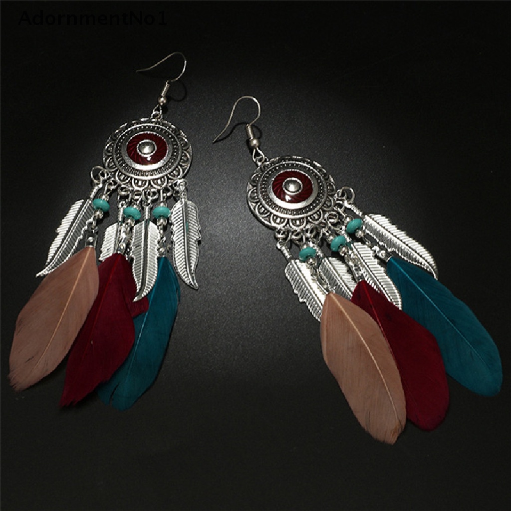 (AdornmentNo1) Anting Gantung Panjang Kait Gaya Bohemia Motif Bulu + Rumbai Untuk Perhiasan Wanita