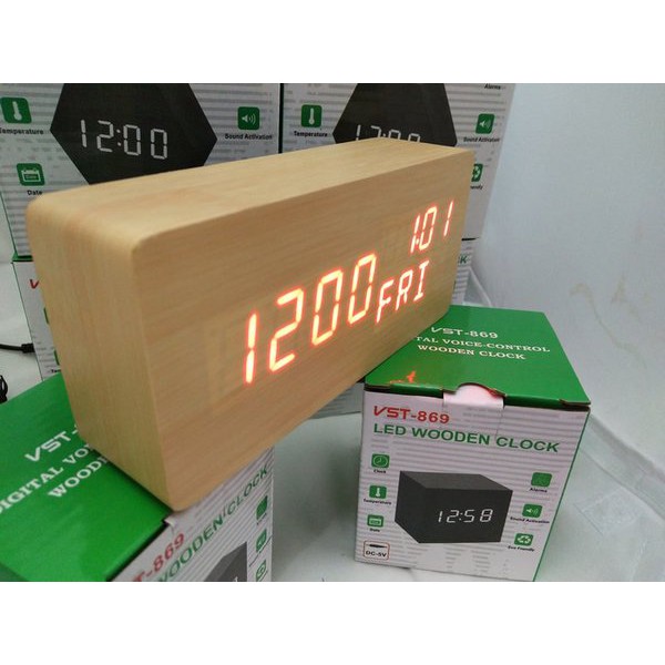 Jam Meja Digital Led Weker Digital Wood Alarm Clock 010 cream red