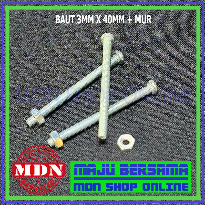 Baut 3mm x 40mm + mur sepasang
