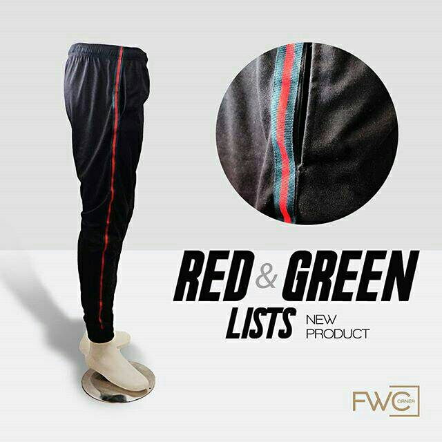  CELANA  PANJANG JOGGER HITAM  POLOS RED AND GREEN GUCCI  