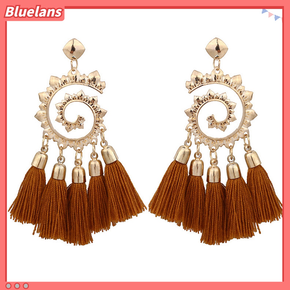 Anting Juntai Bentuk Spiral Aksen Rumbai Gaya Bohemian Untuk Wanita