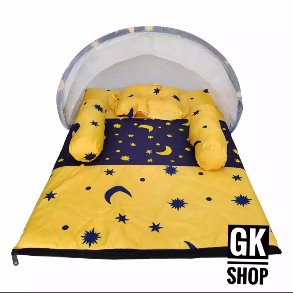 PROMO!!! KASUR BAYI  MODEL LIPAT KELAMBU LENGKAP SATU SET BANTAL GULING MOTIF BULAN BINTANG