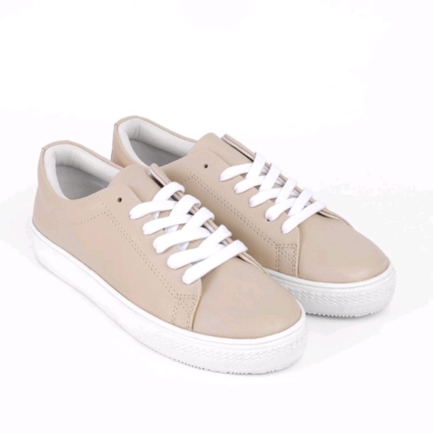 Zicoshoe Sepatu Sneakers Wanita Full All White Tali Casual Perempuan Olahraga Kanvas Cewe Printing-Cream