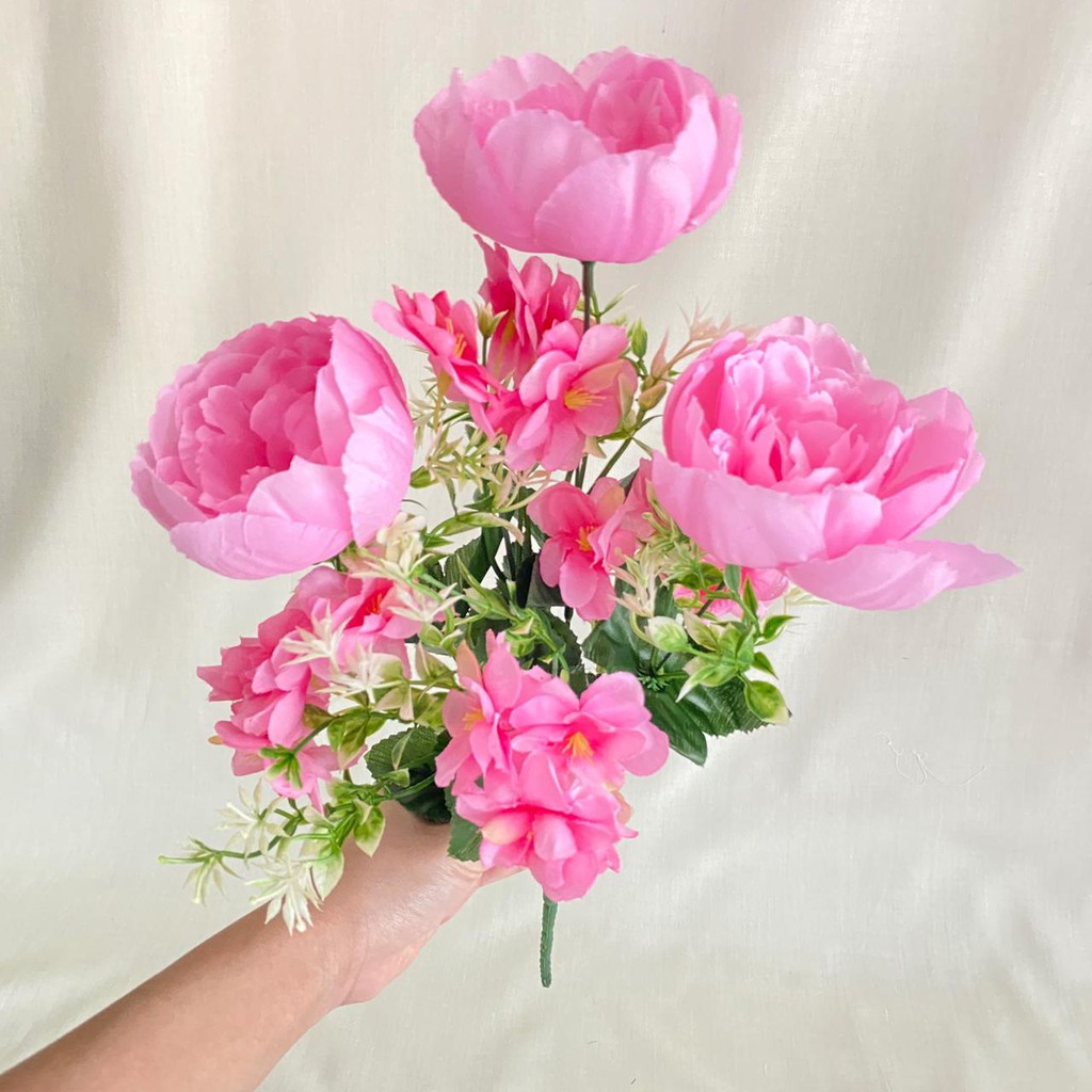 Bunga Peony Ball mix Cherry Blossom X7 (satuan) Bunga Artificial / Bunga Plastik / Bunga Dekorasi-Pink Tua