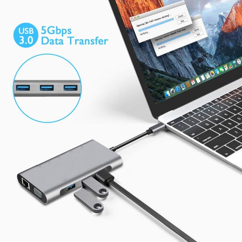 USB Type C Hub 10 in 1 HDMI + VGA + USB 3.0 + RJ45 + Card Reader + PD Charging - HB3004 - Gray