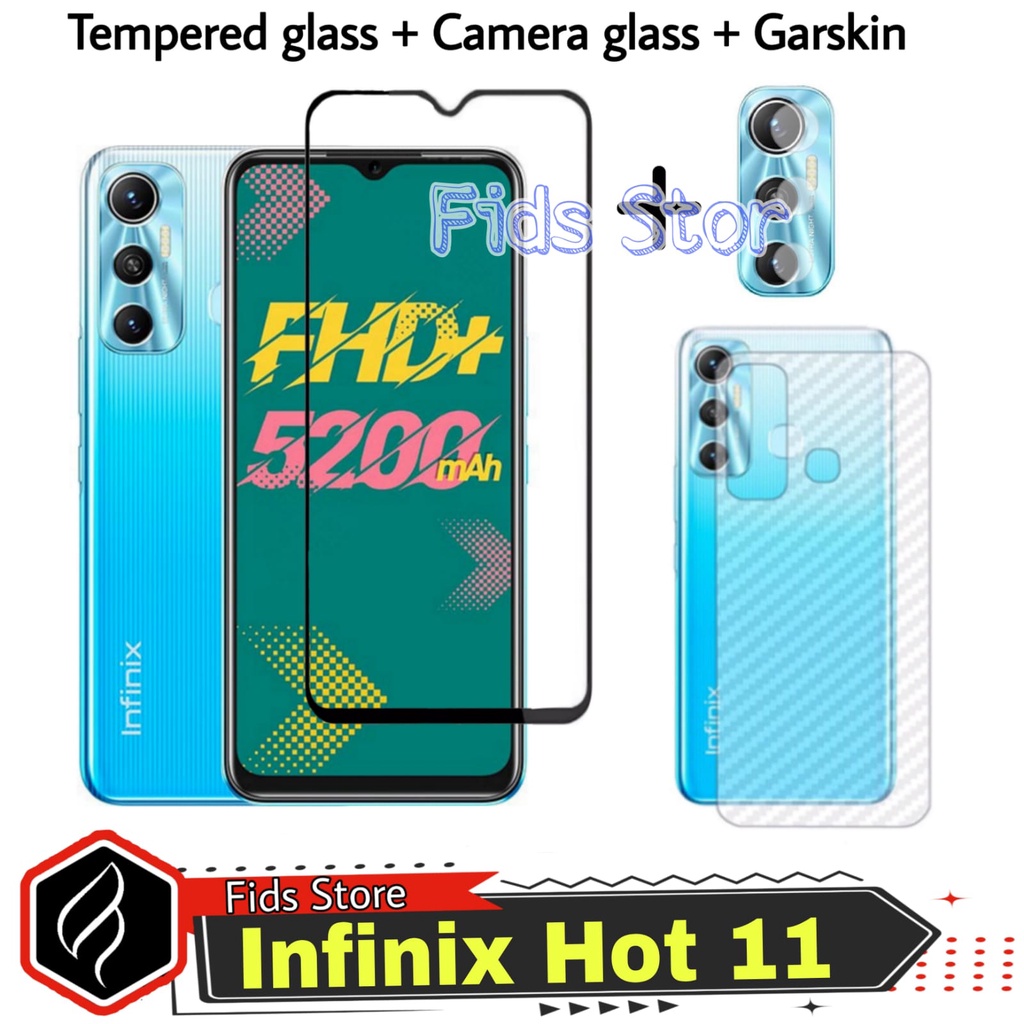 PROMO 3in1 INFINIX HOT 11 / INFINIX HOT 11 Play Tempered Glass  Free Anti Gores CAMERA &amp; GARSKIN Carbon