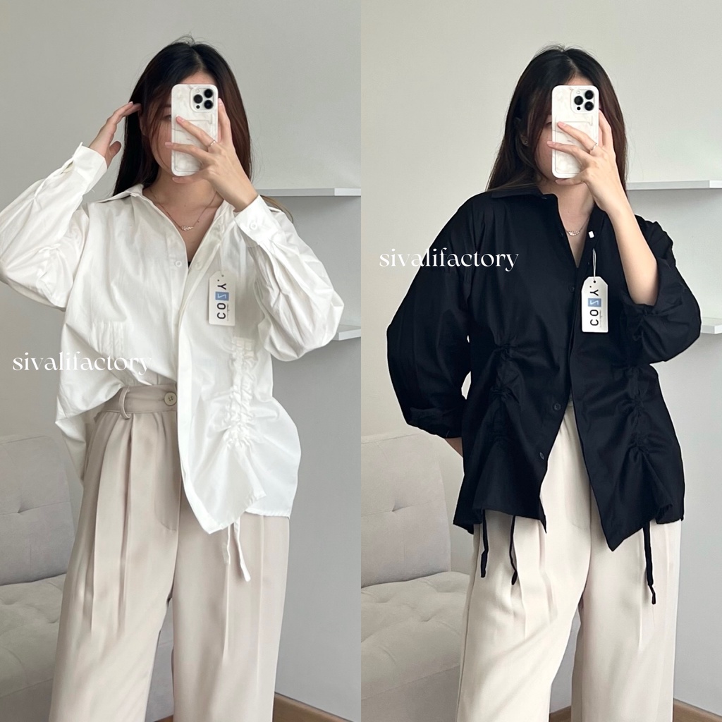 SIVALI Becca Ruched Shirt - Kemeja Serut Wanita - Atasan Wanita Lengan Panjang