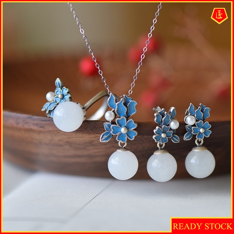 [Ready Stock]Vintage Natural Hetian Jade Earrings Flower Necklace Set