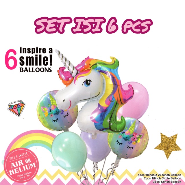 [NEW] Balon Foil Set Isi 6 pcs Magic Rainbow Unicorn - Untuk Hiasan / Dekorasi