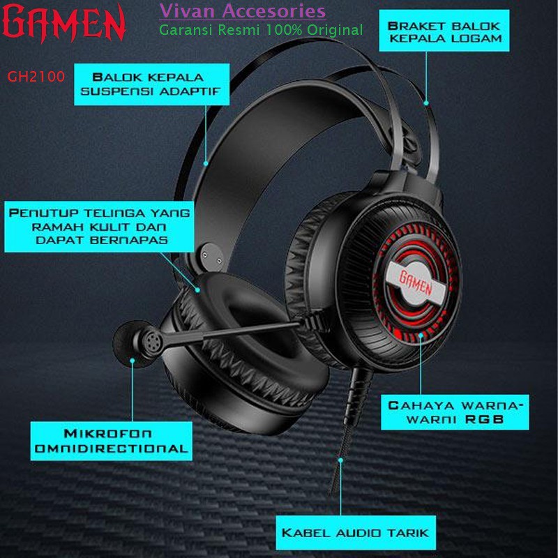 GAMEN HEADSET GAMING GH2100 HEADPHONE RGB LED LIGHT WIRE AUDIO JACK