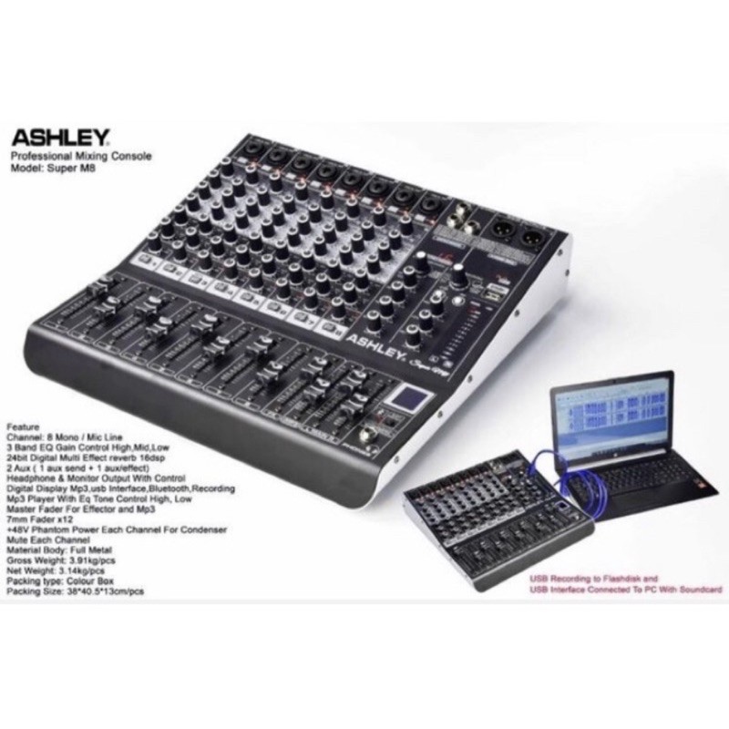 Mixer ashley super m8 original superm8 usb bluetooth record 8 chanel