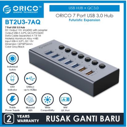 Usb 3.0 hub orico 7 port aluminum on off switch qc3.0 5Gbps adapter bt2u3-7aq - Terminal usb3.0 7 slot saklar adaptor