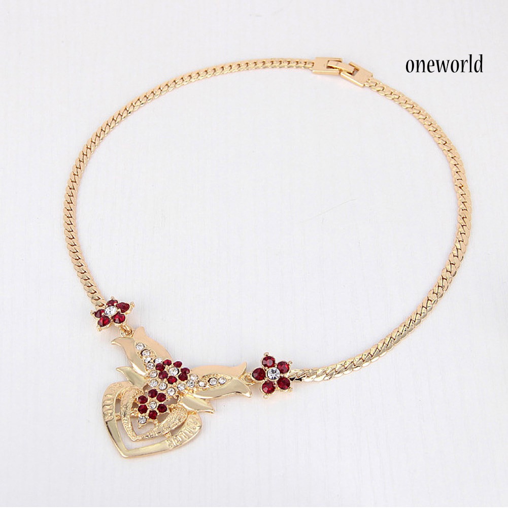 OW@ Rhinestone Heart Flower Necklace Stud Earrings Ring Bracelet Women Jewelry Set