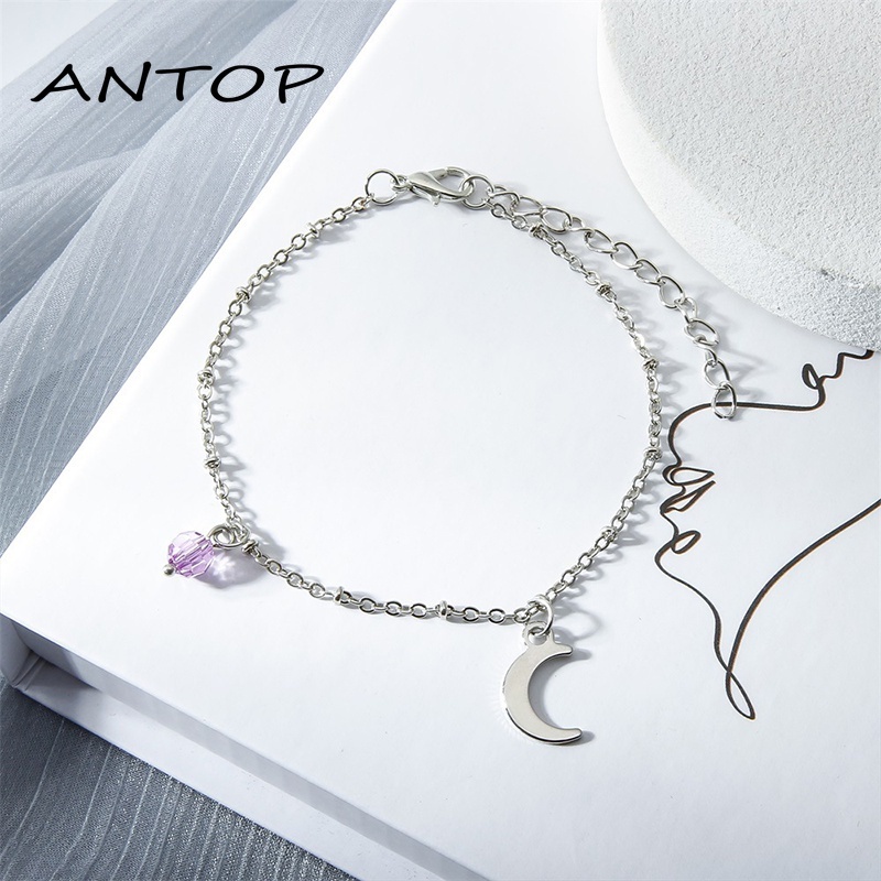 Korea Manis Crystal Ball Moon Liontin Gelang Aksesoris Fashion Wanita ANTOP