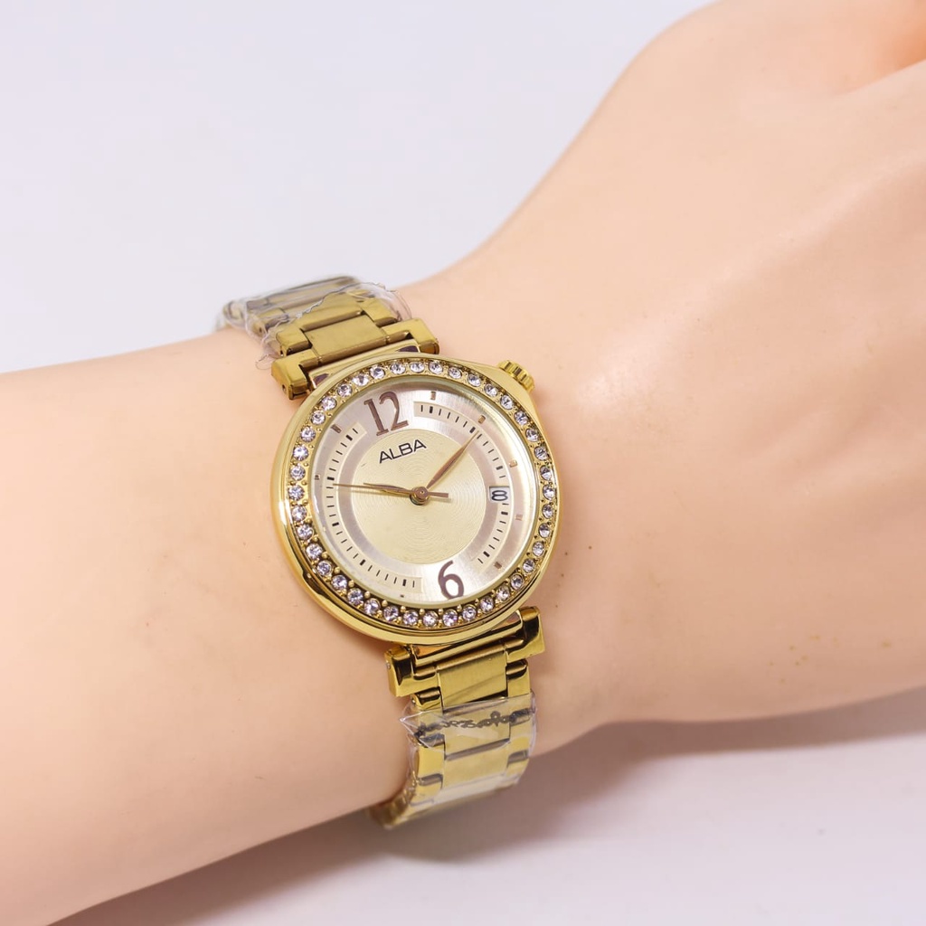 Jam Tangan Wanita Fashion Alba E1853V Tali Rantai Tanggal Aktif Free Box &amp; Baterai