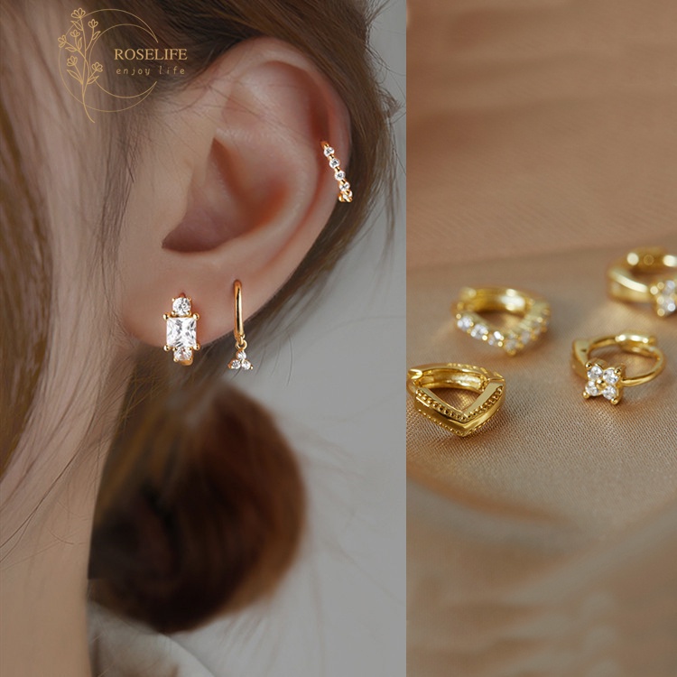 Roselife 1 Pasang Anting Bulat Lapis Emas 14K Hias Cubic Zirconia Untuk Wanita