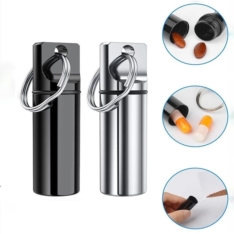 1pc Botol Holder Obat Pil Bahan Aluminum Anti Air Warna Acak Dengan Gantungan Kunci Carabiner