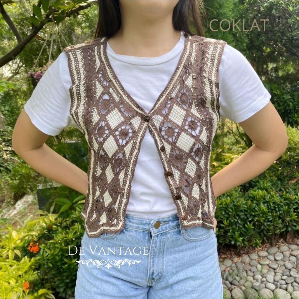 Vest Rajut / Rompi Lace Motif Kotak / Korean Knit Vest