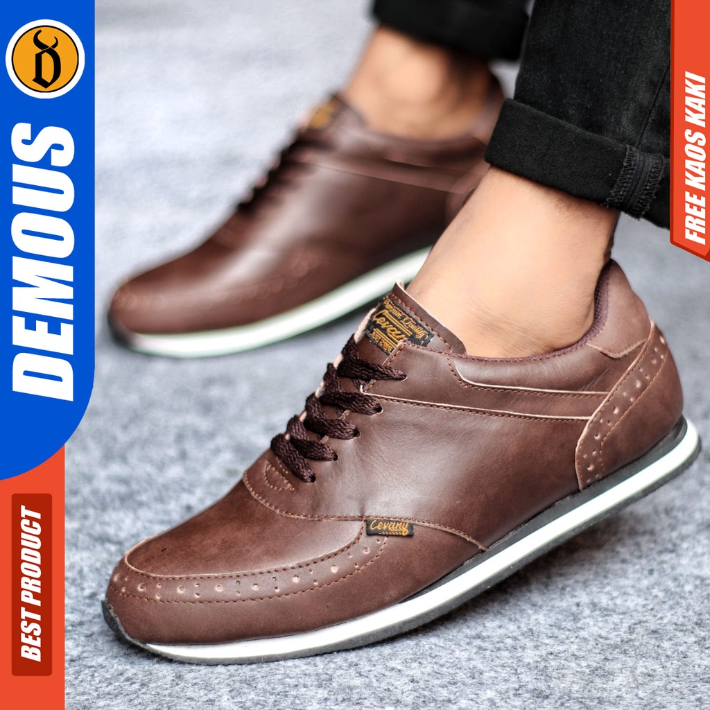 Sepatu Sneakers Kasual Pria Kulit Asli Hitam Demous Erza