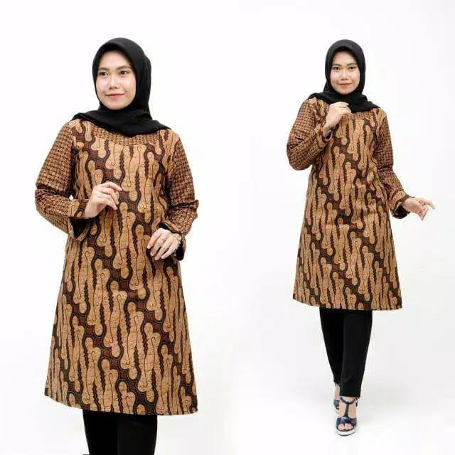 COD - Tunik batik wanita lawasan coklat kekinian M L XL XXL Jumbo-6