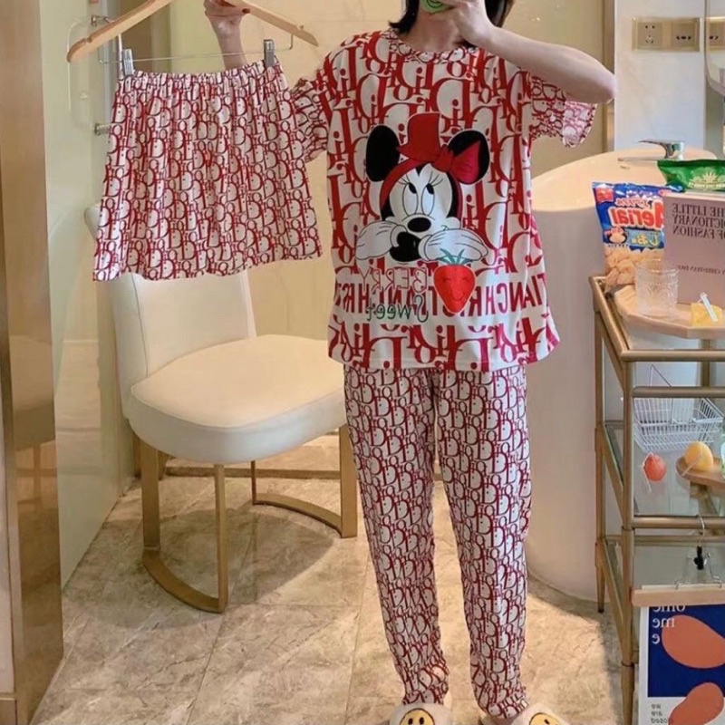 JC- Stelan Oversize 3in1 Import / Piyama 3in1 / Piyama Korea wanita terbaru Murah-3in1 Mic Dior Berry