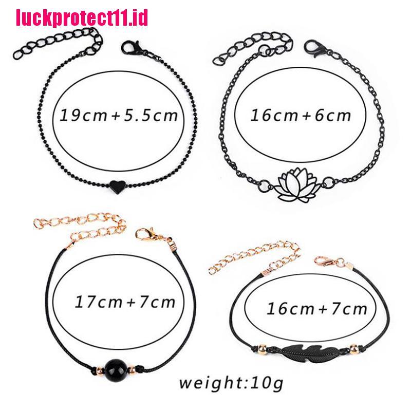 (LUCK) 4pcs / set Gelang Tangan Rantai Aksen Bulu / Lotus Warna Hitam Gaya Boho Untuk Wanita