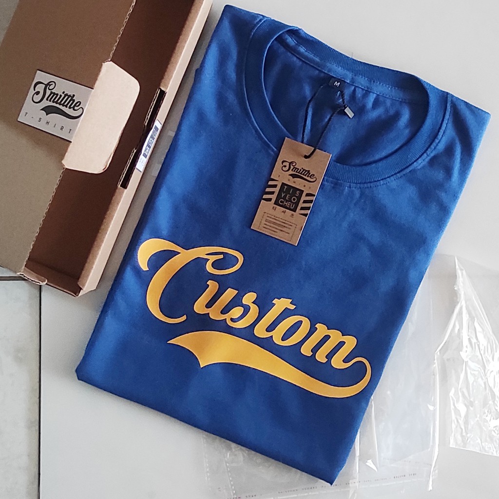 Kaos Custom Nama Tulisan Kuning Sablon Polyflex Korea TShirt Biru Satuan BK1