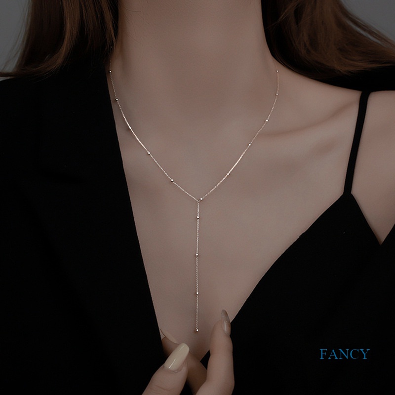 Kalung Rantai Sterling Silver 925 Panjang Aksen Manik-Manik Bulat Untuk Wanita