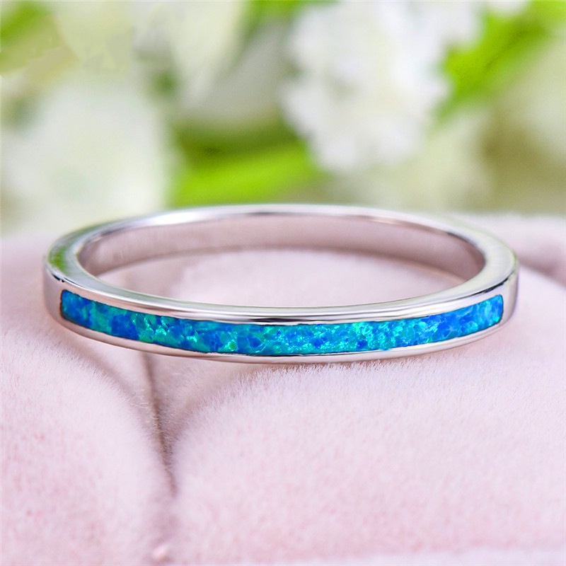 New European and American imitation inlaid blue opal 4mm silver ladies fashion simple thin ring
