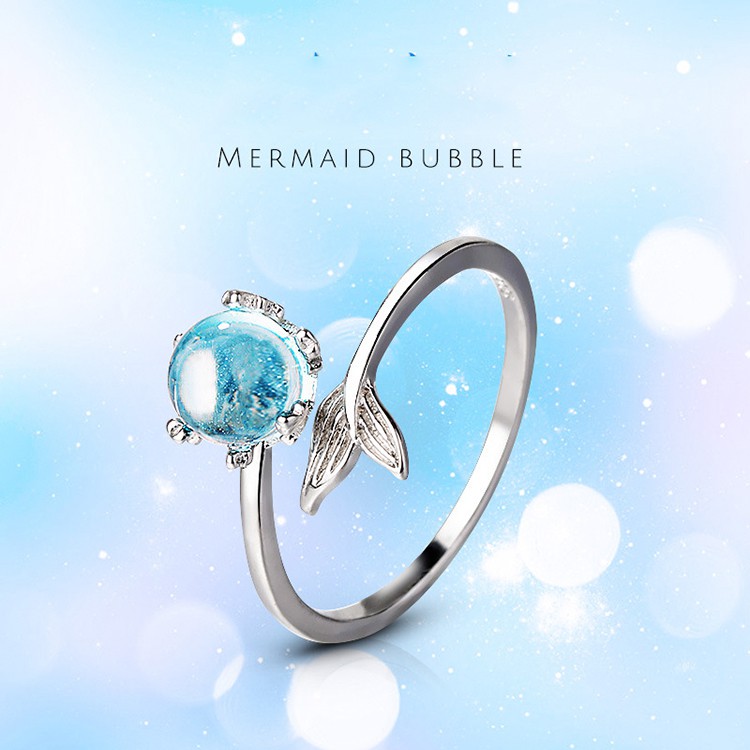 Cincin Open Ring Adjustable Desain Mermaid Lapis Silver Hias Kristal Untuk Wanita