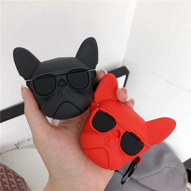 Casing Silikon Apple Airpods Pro 1/2 Gambar Anjing Berkacamata Dengan Gantungan Kunci