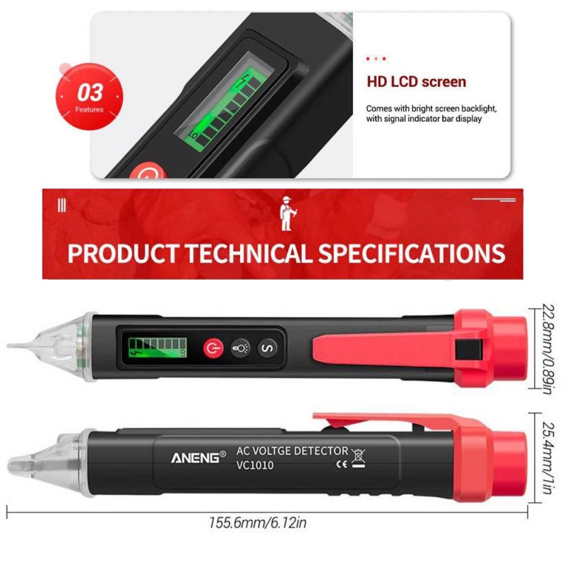 Tespen Tester Pen Non Contact AC Voltage Alert Detector 12V-1000V LCD