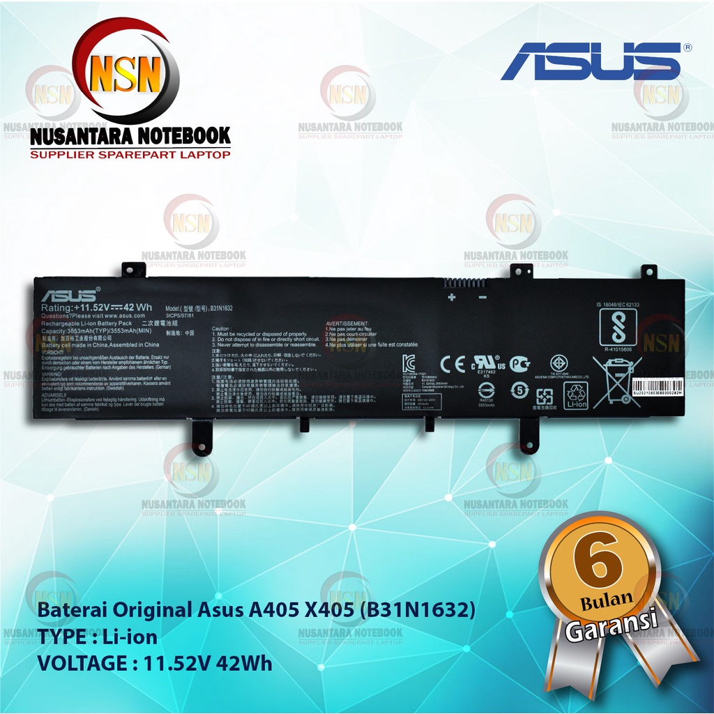 Baterai Original Asus B31N1632 For Asus A405 X405 11.52V 42Wh