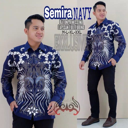Semira Navy Kemeja Batik Pria Full Furing Katun Primisima