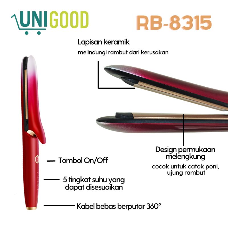 UNIGOOD - Catokan Rambut Poni Riwa 2 in 1 Plat Oval Curler Keriting Lurus Keramik