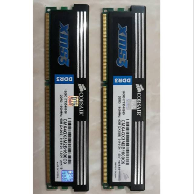 RAM PC Corsair XMS3 Dual KIT Ddr3 2x2GB total 4GB PC1600 12800 XMS Memori Memory Longdimm