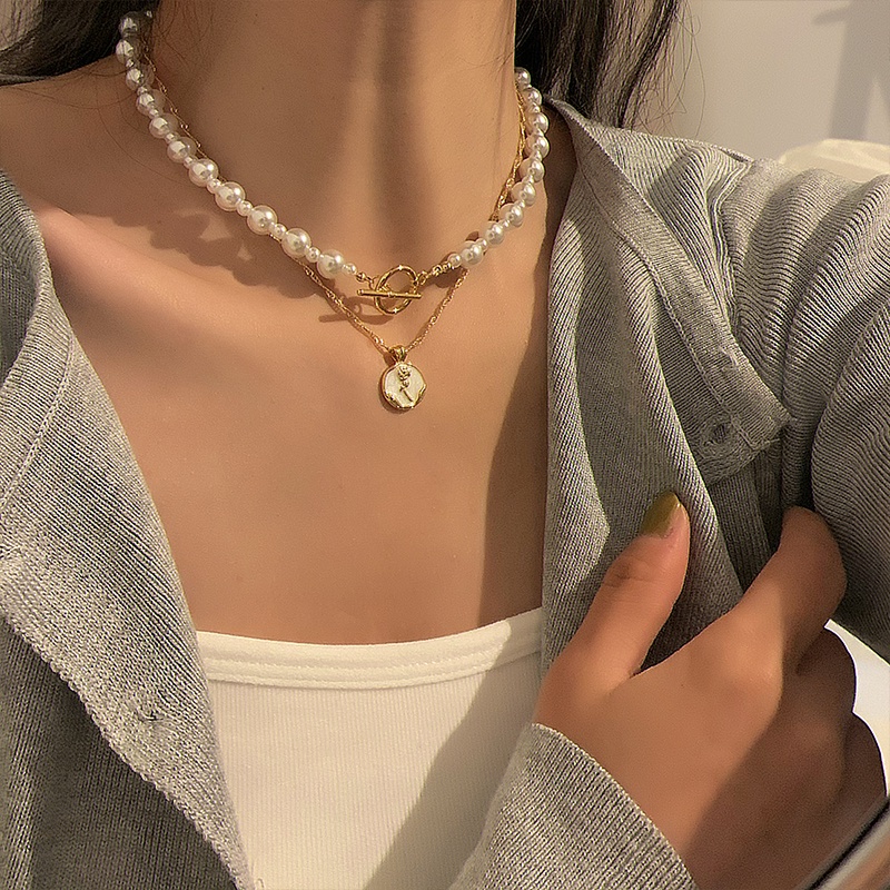 AY(CN) Kalung Choker Rantai Ganda Hias Liontin Mutiara Warna Rose Gold Untuk Wanita