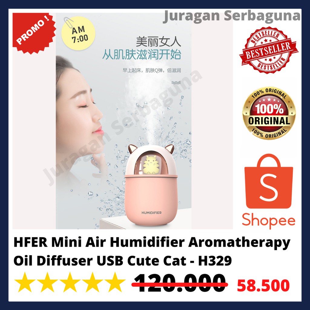 HFER Mini Air Humidifier Aromatherapy Oil Diffuser USB Cute Cat - H329 - Pink