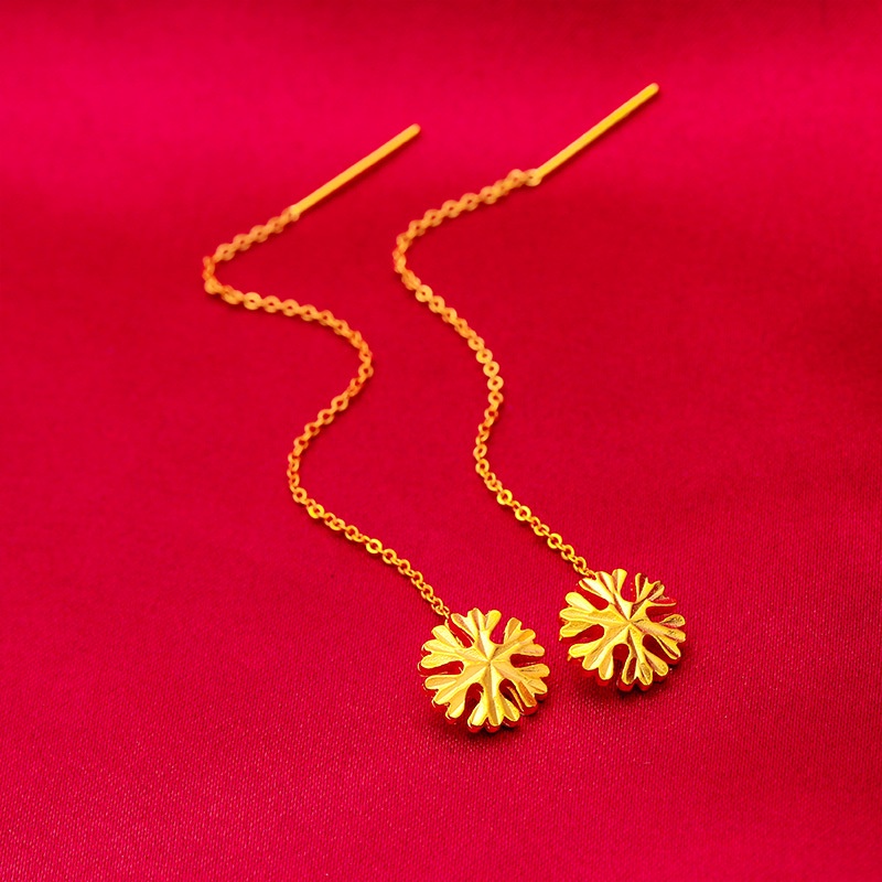 Anting Rumbai Panjang Desain Kepingan Salju Lapis Emas Emas Asli Kadar 375Gaya Korea Untuk Wanita