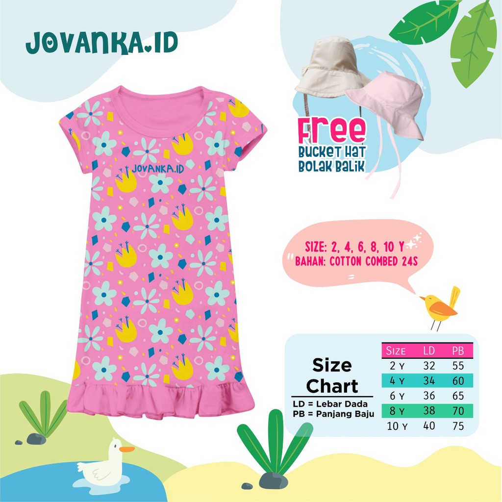 DRESS ANAK PEREMPUAN MOTIF PATTERN FREE TOPI BUCKET USIA 2-10 TAHUN