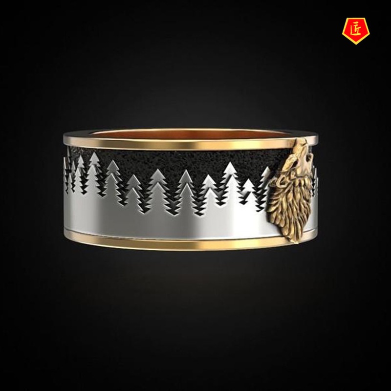 [Ready Stock]Personalized Viking Warrior Gold Two-Tone Night Forest Wolf Ring