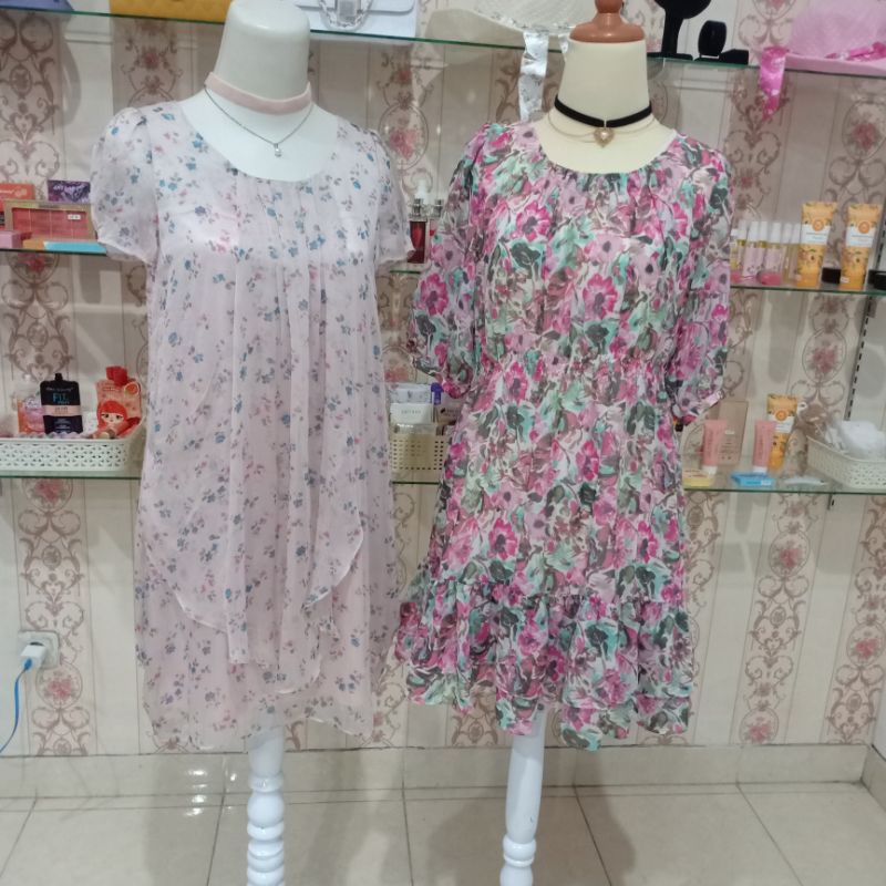 Dress Bunga Sifon Lengan Pendek